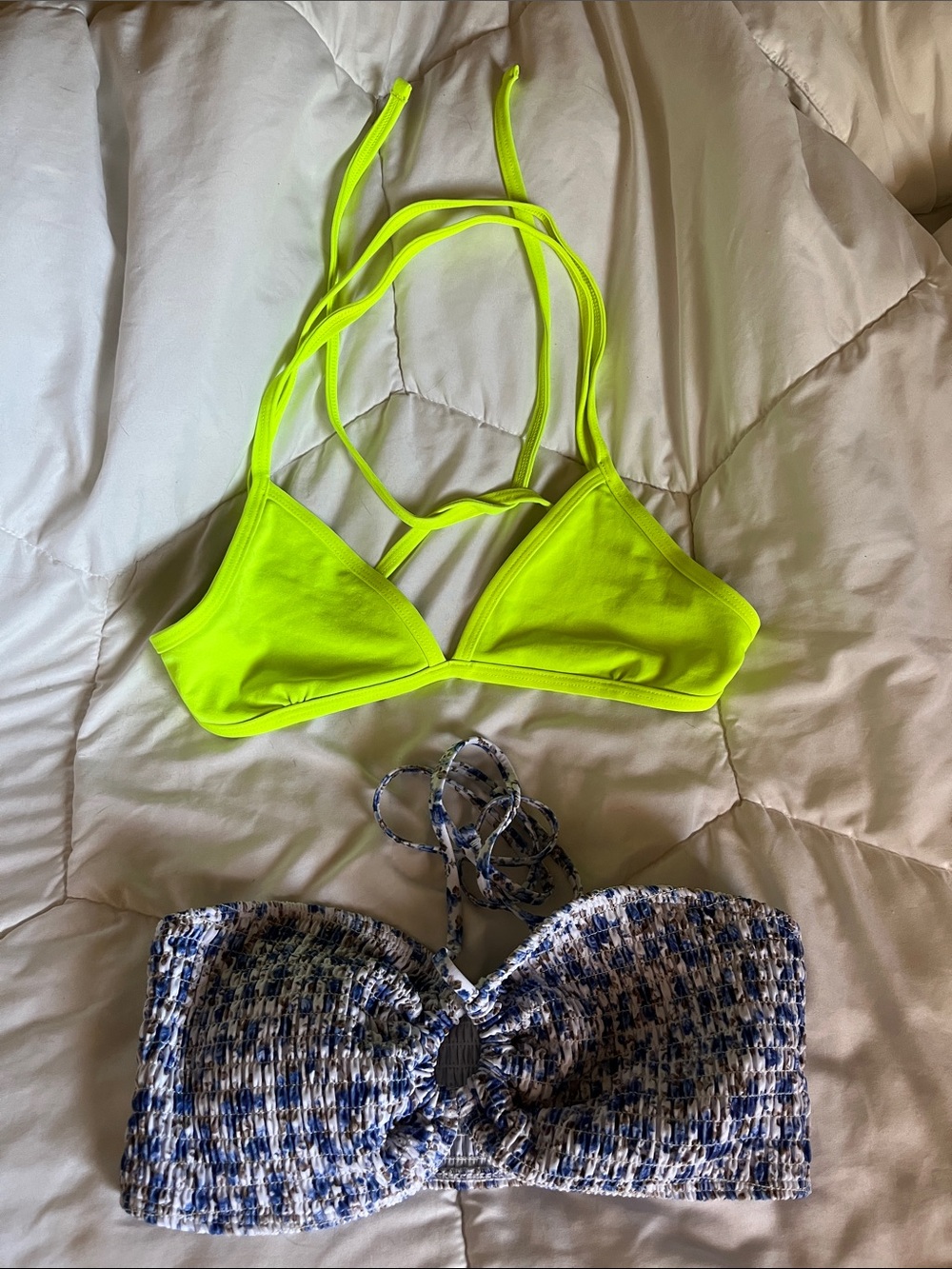Neon Yellow Triangle Bikini Top + Blue White Smocked Bandeau Top